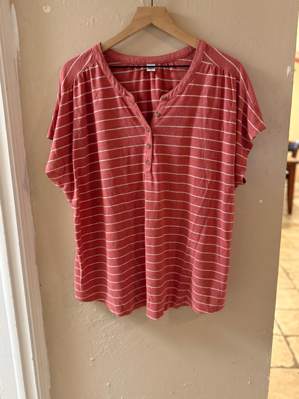 Old Navy Coral Pink Striped Henley Tee